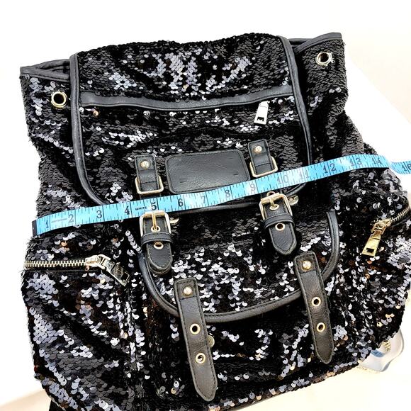 Black Sequined Leather Backpack Zippers Rivets Snaps Buckles Large Shiny Wow main image 5